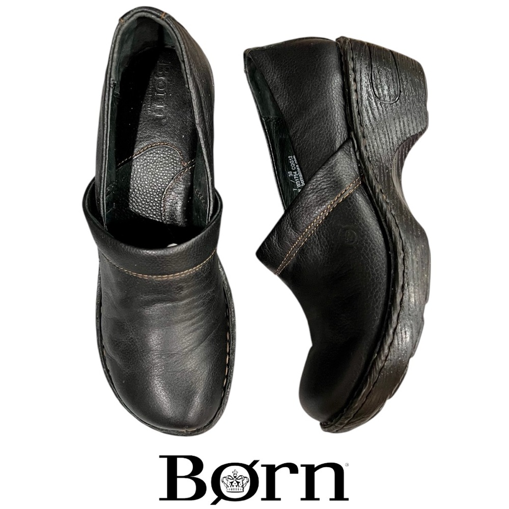 Born Clogs Black Pebbled Leather Closed Back Shoes, Sz 7/38 Like New Condition